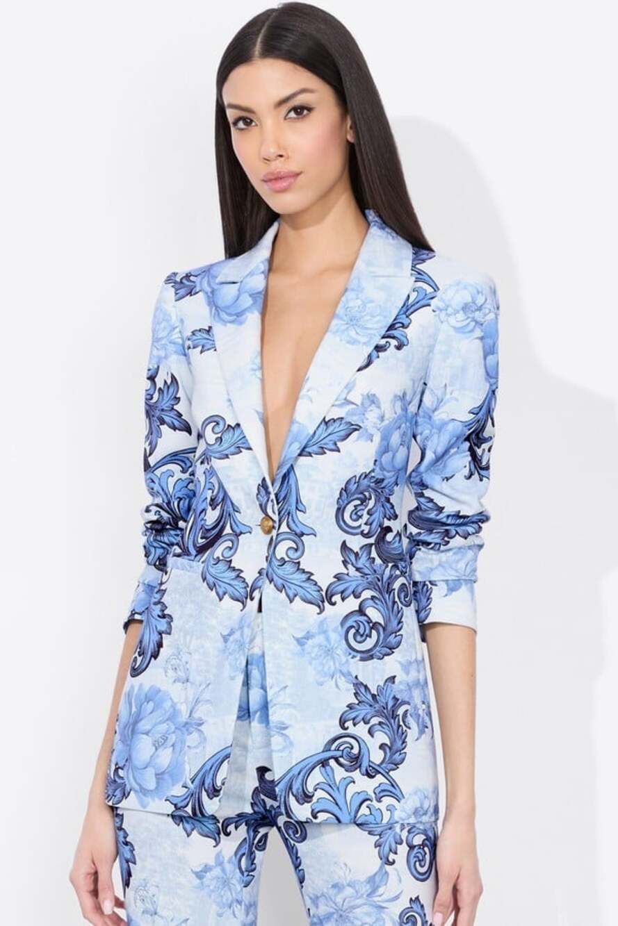 Alice + Olivia Breann Scroll Symphony Blue White Fitted Blazer 2